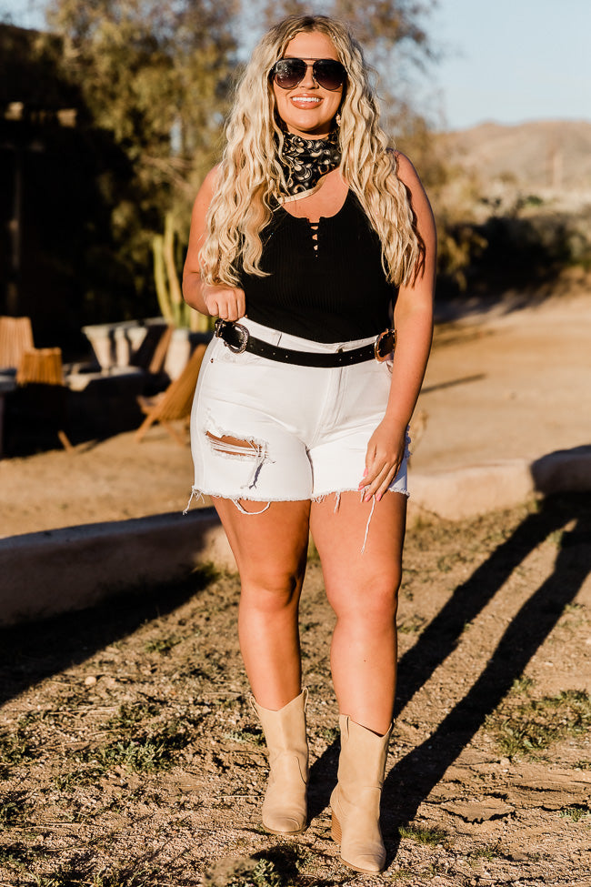 Backroad Songs Distressed High Waisted White Jean Shorts