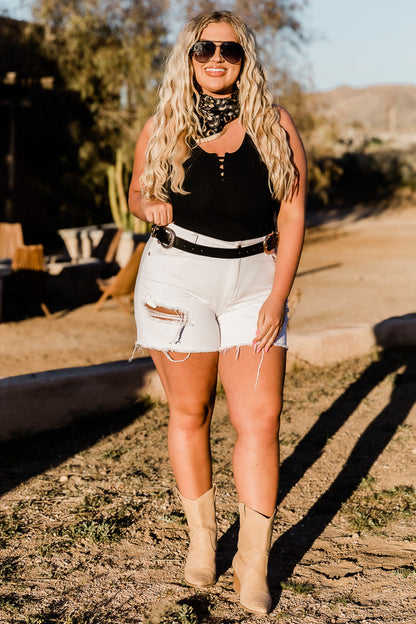 Backroad Songs Distressed High Waisted White Jean Shorts