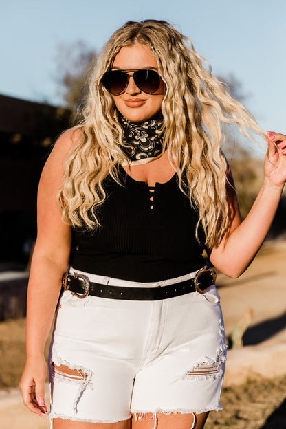 Backroad Songs Distressed High Waisted White Jean Shorts